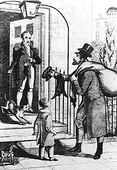 En j&uuml;&uuml;dsche Hausierer - meist as Karikatuur &ouml;vertekent - kloppt an de D&ouml;ren vun de rieken inseten B&ouml;rgersl&uuml;&uuml;d