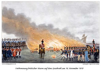 De Franzosen verbrennt britische Waren op'n Grasbrook